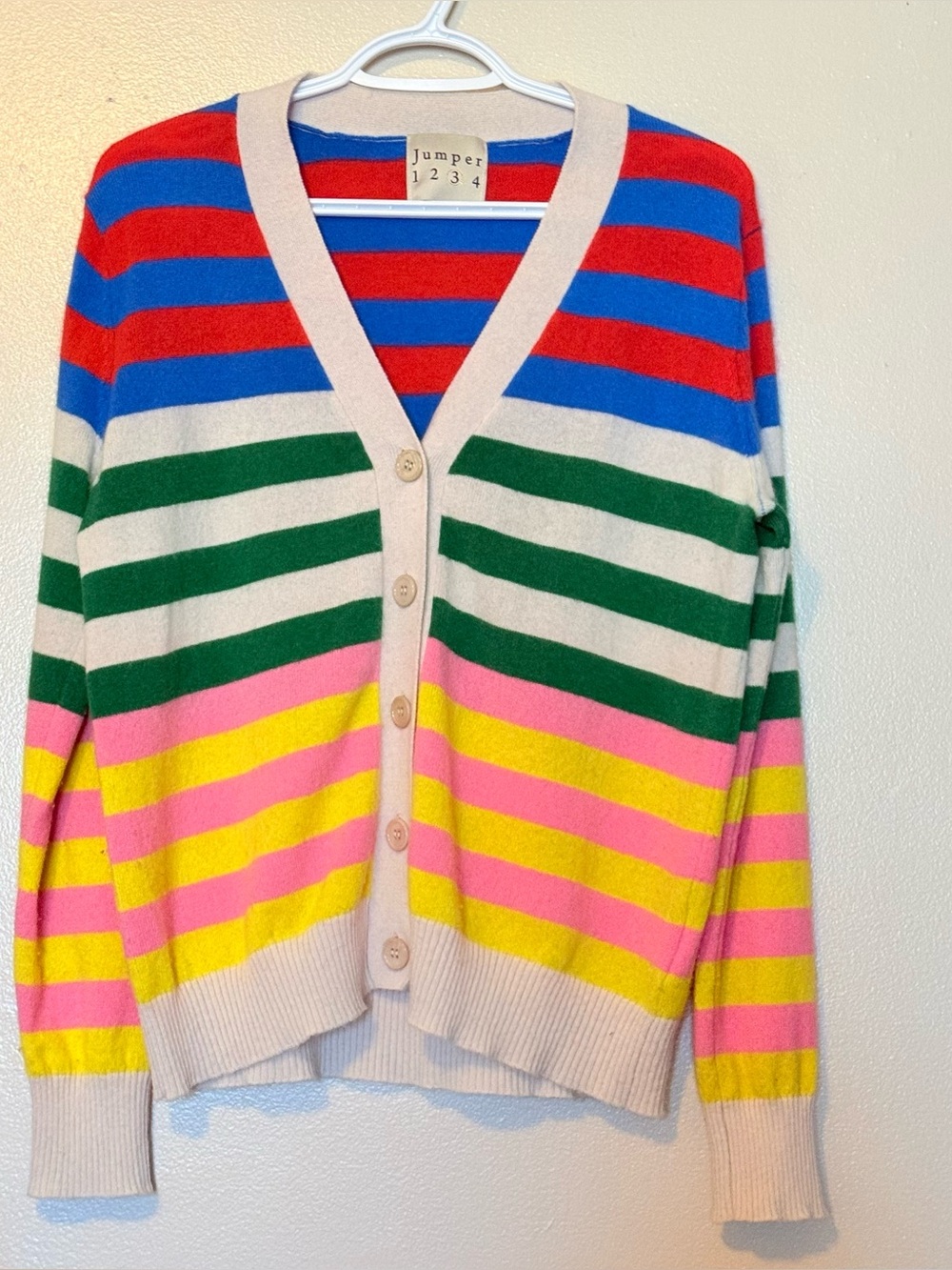 Cashmere Multicolor Striped V-Neck Cardigan - Pink/Blue/Green/Yellow